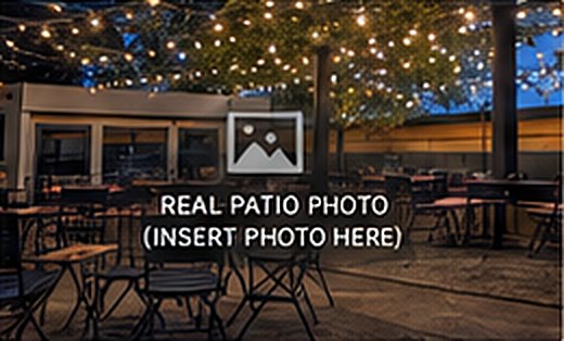 The covered patio under string lights